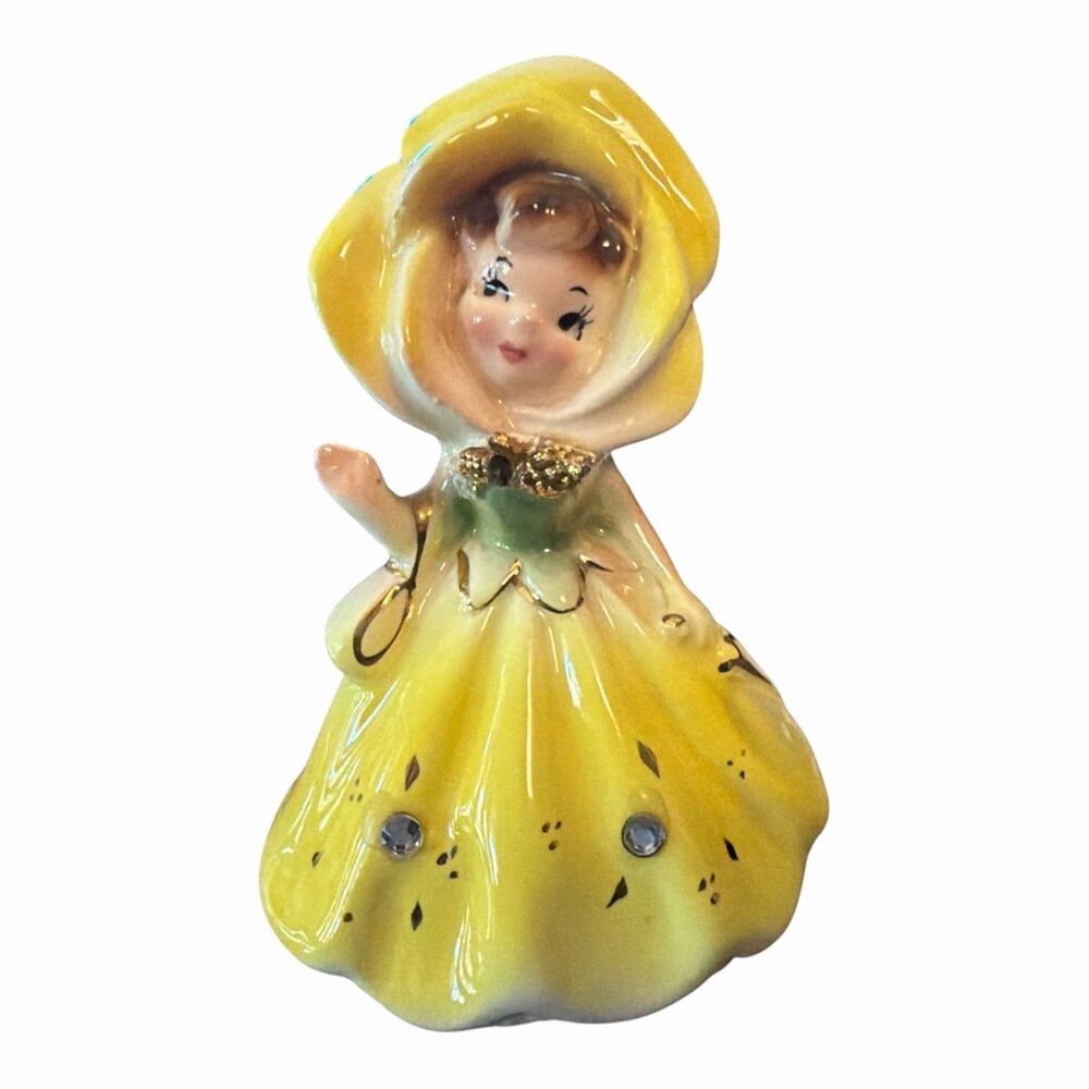 Vintage Lugenes Japan Ceramic Lady Bell Yellow Dress Rhinestones Bonnet 1950s
